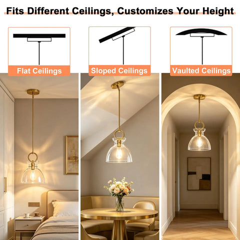 Super Sleek Brushed Gold Pendant Light For Kitchen Island Featuring Fully Adjustable Hanging Cord And Large Clear Glass Shade in various ceiling types.