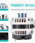 Alternator Replacement For GM SUVs And Trucks 2007 To 2014 Escalade Avalanche Suburban Silverado Tahoe GMC Sierra Yukon 6.2L 6.0L 5.3L 4.3L Direct Fit Drop In With OEM Numbers 40012253 15093928 15857608 ADR0369 showing product details including aluminum housing and wear-resistant pulley.