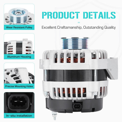 Alternator Replacement For GM SUVs And Trucks 2007 To 2014 Escalade Avalanche Suburban Silverado Tahoe GMC Sierra Yukon 6.2L 6.0L 5.3L 4.3L Direct Fit Drop In With OEM Numbers 40012253 15093928 15857608 ADR0369 showing product details including aluminum housing and wear-resistant pulley.