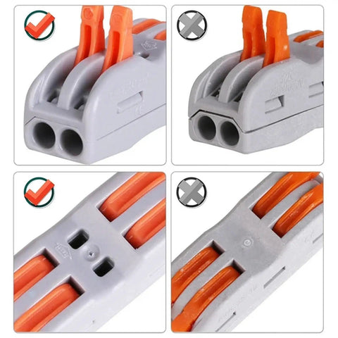 Straight Up Quick Install Terminal Block Wire Connectors 55 Piece Fast Push Lever showing two connector angles for easy wiring.