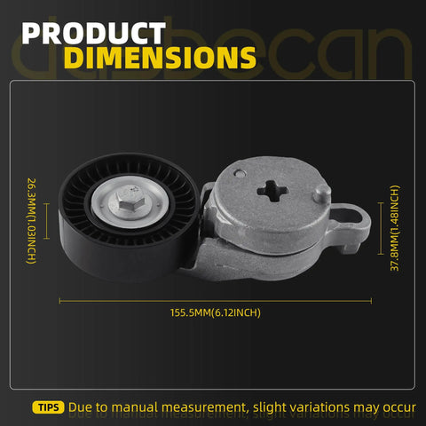 Smooth Drive Belt Tensioner Idler Pulley Kit For Toyota Camry 2010-2011 With 2.5L Gas Engine dimensions with measurements displayed.