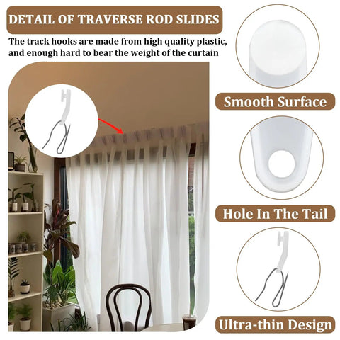 50 Pack White Plastic Traverse Rod Slides And Metal Curtain Hooks For Easy Smooth Curtain Hanging Durable No Fuss Window Drapery Track Replacement Kit With Quick Install close-up