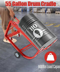 Heavy Duty Rolling Drum Cradle With Ride Like Butter Wheels And Ergo Grip Handle 600 Lb Capacity Steel Barrel Cart For 55 Gallon Barrels with a loaded oil barrel.
