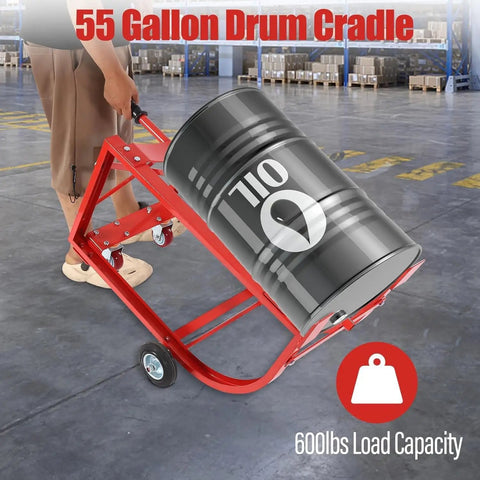 Heavy Duty Rolling Drum Cradle With Ride Like Butter Wheels And Ergo Grip Handle 600 Lb Capacity Steel Barrel Cart For 55 Gallon Barrels with a loaded oil barrel.