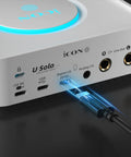 USB Audio Interface With 24 Bit 192 kHz Fidelity For PC Rock Solid Low Latency ASIO showing cable connectivity ports