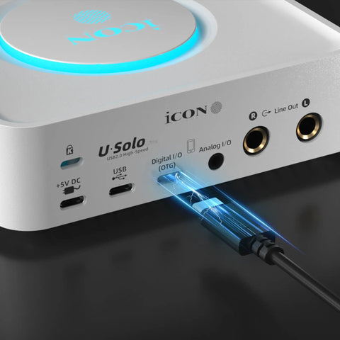 USB Audio Interface With 24 Bit 192 kHz Fidelity For PC Rock Solid Low Latency ASIO showing cable connectivity ports