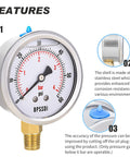 BPSSDI glycerin-filled 0-60 psi pressure gauge, 2.5-in dial, 1/4 in NPT lower mount, 304 stainless steel case.