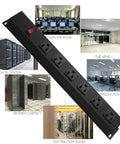 Wall Mount Power Strip With Six Wide Spaced Outlets And Built In Switch, Aluminum Alloy Mount Socket, black with red switch
