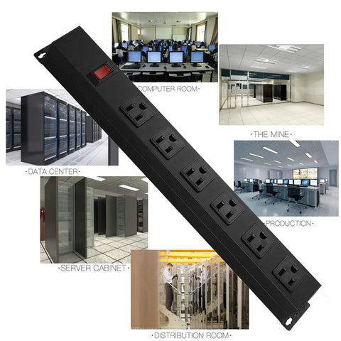Wall Mount Power Strip With Six Wide Spaced Outlets And Built In Switch, Aluminum Alloy Mount Socket, black with red switch