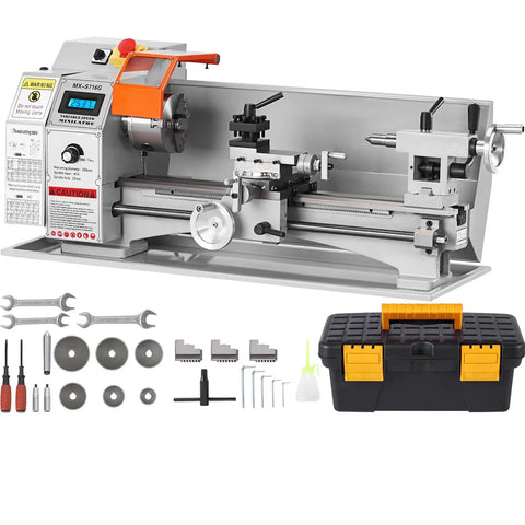 Compact Metal Lathe 7 X 16 Inch 800W Desktop Lathe With Variable Speed 150 To 2500 RPM, 3-Jaw Chuck, and Tool Box for Metalworking
