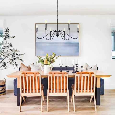 Dining room with Six Light Farmhouse Chandelier Matte Black Classic Candle Ceiling Fixture For Dining Room Living Room Kitchen Island Bedroom Foyer Rustic Pendant Lighting 35 Inch Diameter