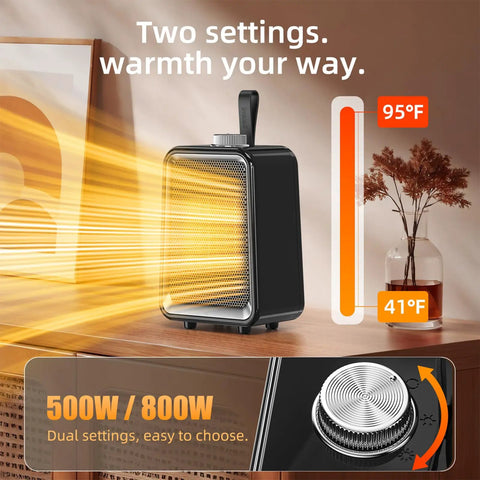 Compact Ceramic Space Heater For Office And Bedroom with heat settings display; black portable desk heater on table