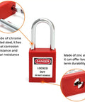 Red Lockout Tagout Safety Padlock Set Two Pack With Four Keys One Employee One Lock One Key Compliance Non Conductive Thermoplastic Construction Writable Label For Simple Tagout Safety, close-up view of padlock with shackle and danger label.