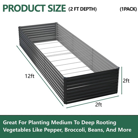 Deep 24 Inch Galvanized Raised Garden Bed Kit For Outdoor Planting Large Planter Box For Flowers Vegetables And Herbs Deep Root Design Baseless Ground Level Raised Bed Garden Black, 12ft by 2ft by 2ft