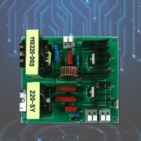 Top view of Beefed Up 150W Ultrasonic Cleaner Driver Board Kit With 3 Transducers 220V 40KHz PCB with electronic components.