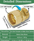 Heavy Duty Brass Garden Hose Swivel Adapter Three Quarter Inch GHT Male To Female Connector With Leak Proof Seal For RVs Garden Car Wash And More Universal Fit For Any Hose System And Quick Connection showing 3/4 GHT female to male threads, 1.6 in size