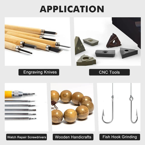 Image showing applications for Beast Engraving Knife Sharpening Machine with 4000 RPM Copper Motor, including tools and crafts.
