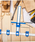 Straight Shot Precision Adjustable Woodworking Jig For Cabinet Hardware Portable Hole Punch Locator on wooden workspace.