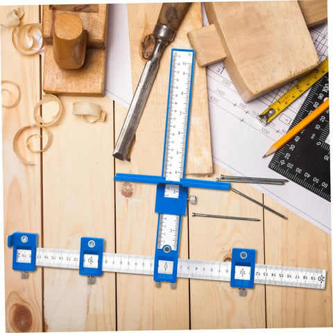 Straight Shot Precision Adjustable Woodworking Jig For Cabinet Hardware Portable Hole Punch Locator on wooden workspace.