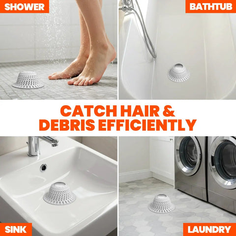 Universal Silicone Bathtub Drain Strainer With Tall Dome Design For Quick Shower Hair Catcher And Jewelry Protection No Sweat Setup fits in shower, bath, sink, and laundry
