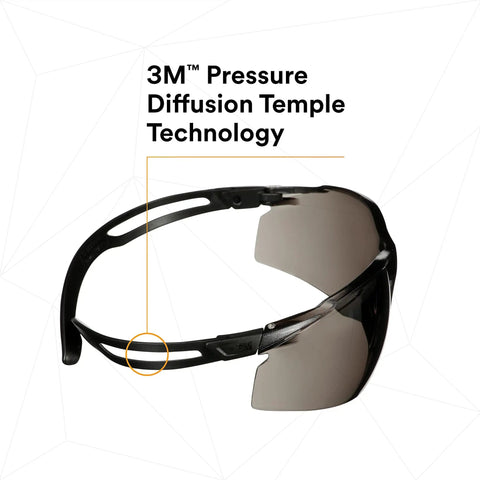 SecureFit 500 Series Safety Glasses side view showing black frame and gray lenses with adjustable temples, ANSI Z87 impact rated.