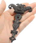 Antique Black T Strap Door Hinges Set 4.45 By 2.72 Inches Vintage Medieval Hardware Zinc Alloy shown in hand for size reference