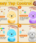 Easy tap control instructions for Cute Puppy Night Light For Kids With 16 Colors And Dual Brightness Levels 30 And 60 Minute Timer Soft Silicone Nursery Lamp Rechargeable 1200mAh 10 Hours Use Kid Approved Room Decor Gift For Boys And Girls