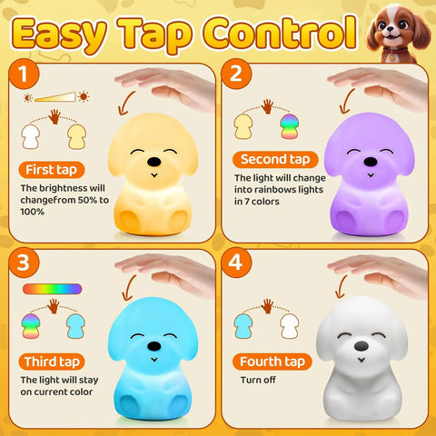 Easy tap control instructions for Cute Puppy Night Light For Kids With 16 Colors And Dual Brightness Levels 30 And 60 Minute Timer Soft Silicone Nursery Lamp Rechargeable 1200mAh 10 Hours Use Kid Approved Room Decor Gift For Boys And Girls