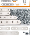 Heavy Duty Stainless Steel Flat Metal Brackets And Mending Plates 96 Pack with screws for reinforcing wooden furniture.