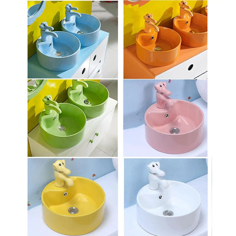 USZWBY Bathroom Vessel Sink Cute Round Ceramic Bathroom Sink with Animal-Shaped Faucet Sink Set in multiple colors.