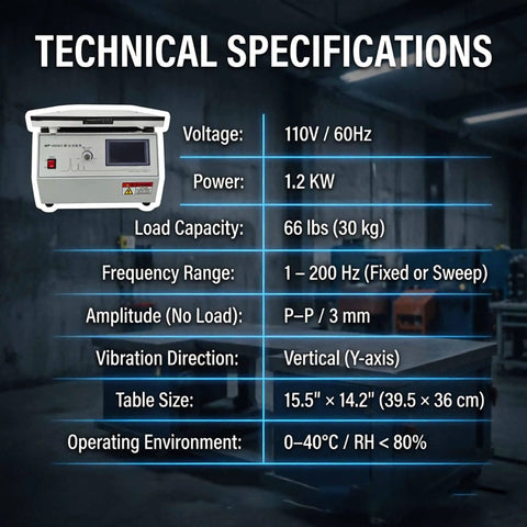 Vertical Vibration Test Bench With 1 To 200 Hz Range 30 Kg Load Built Tough Intelligent Control Overload Protection And High Performance Microcomputer Readouts For Precise Repeatable Lab Or Industrial Vibration Testing, technical specs