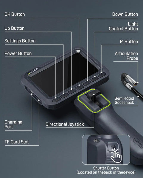 Close-up of controls on 6.6 Foot Articulating Borescope With 210 Degree Two Way Tilt 0.22 Inch Slim Probe High Brightness LEDs device.