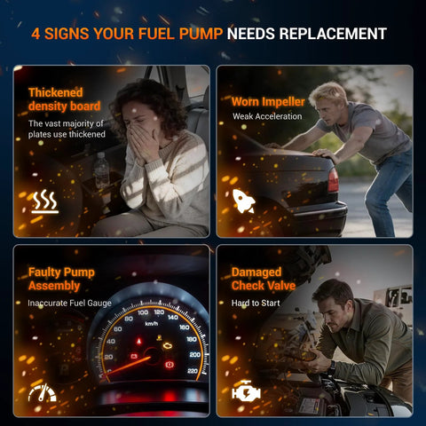 Image showing four signs of fuel pump replacement needs: thickened density board, worn impeller, faulty pump assembly, damaged check valve.