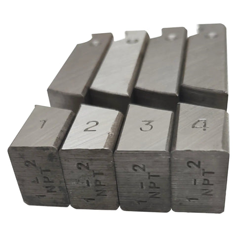 Six NPT and BSPT die sets for Heavy Duty 220V Electric Pipe Threader Workhorse, suitable for plumbing jobs.