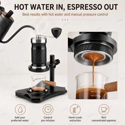 Portable Hand Crank Espresso Maker Kit With Secure Base Stand And Adjusting Pressure Settings Great For Campgrounds Roadtrips Or Garage Sessions Where You Just Want A Solid Cup Of Joe Anytime, showing water input and espresso output.