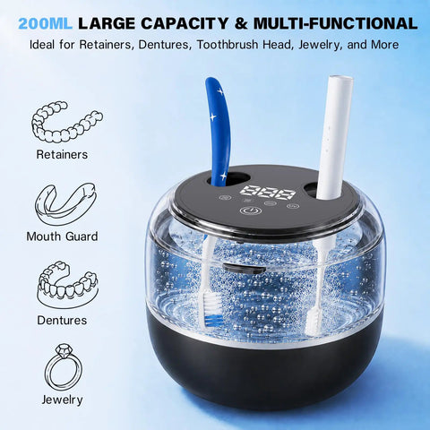 Dope 200ml Sonic Cleaning Pod With 4 Modes And UV Lights 45-52kHz Deep Clean For Retainers Dentures Mouth Guards Aligners Braces Dental Accessories And Jewelry, 200ml pod with toothbrush heads