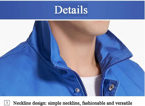 Neckline detail of blue EMF Shielding Workwear Vest With 50 Percent Silver Fabric For Radiation Protection, showing zipper and button design.