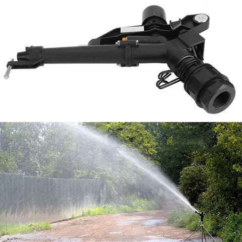 360 Degree Adjustable Sprinkler Arm For Lawn And Garden With Long Range Watering From One And A Half Inch To One Inch DN25 Female Thread Built Tough Black Plastic Irrigation For Home Yard And Farm in action.