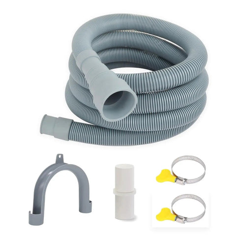 8 Feet Washing Machine Drain Hose Extension Kit with gray flexible corrugated hose, clamps, and mounting bracket for easy install.