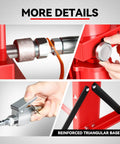 Close-up details of Heavy Hitter 30 Ton Hydraulic Air Pneumatic H Frame Shop Press With Movable Press Plate Red components and base.