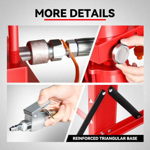 Close-up details of Heavy Hitter 30 Ton Hydraulic Air Pneumatic H Frame Shop Press With Movable Press Plate Red components and base.