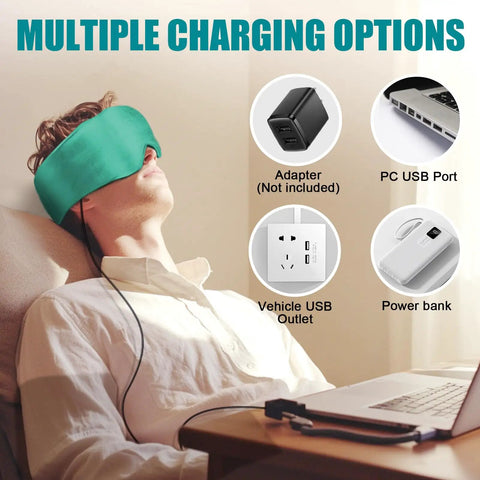 Ultra Soft Heated Eye Mask With Adjustable Warmth to Soothe Dry Eyes and Sinus Pressure plush silk mask connected to charging options.