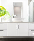 Matte Black Square Cabinet Handles Set for Kitchen Drawers 7.5 Inch Hole Centers 8 Inch Total Length on white cabinets