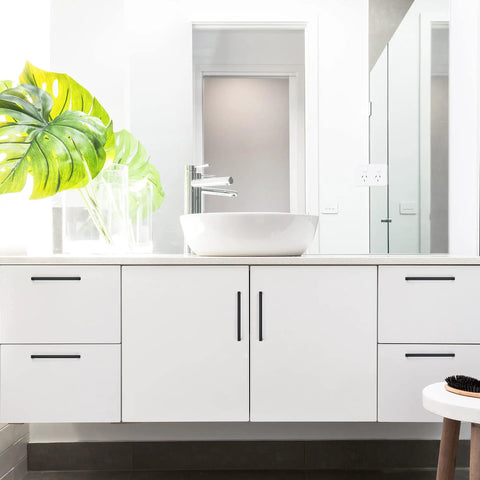 Matte Black Square Cabinet Handles Set for Kitchen Drawers 7.5 Inch Hole Centers 8 Inch Total Length on white cabinets