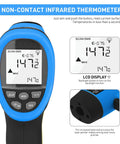 Laser Temp Gun Pyrometer With 16 To 1 Distance To Spot, Ultra Fast 0.25 Second Readout, -58 To 2480 F Range, Industrial Infrared Thermometer For Furnace And Smelting, Laser Aiming, Not For Human Temperature. Blue and black handheld infrared thermometer with LCD display and buttons.