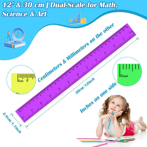 36 Pack 12 Inch Multicolor Plastic Rulers Bulk Set Clear Metric Rulers With Centimeters And Inches, girl with ruler