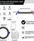 Diagram showing 6-inch slim LED recessed light specifications with junction box, dimmable, tri-color, ETL certified.