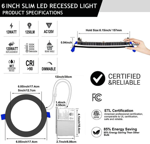 Diagram showing 6-inch slim LED recessed light specifications with junction box, dimmable, tri-color, ETL certified.