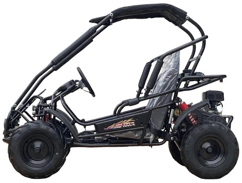 Side view of Mid XRX Deluxe Go Kart Buggy With Full Roll Cage And Safety Harness, Dual Seats, Cargo Rack, Disk Brake, 212cc Electric Start