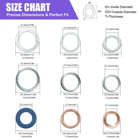 140 Pcs Oil Drain Plug Gasket Assortment Kit For Toyota Honda Subaru VW Audi Mercedes Benz With Premium Aluminum Copper Crush Washers And Seals OEM Numbers Included size chart with dimensions and material types.